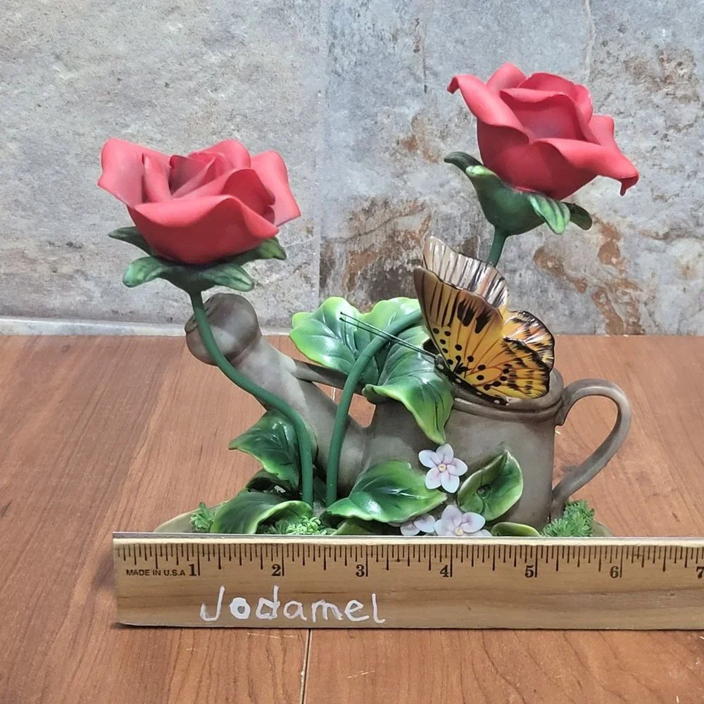 Butterfly and Roses Watering Can Planter Figurine Decor